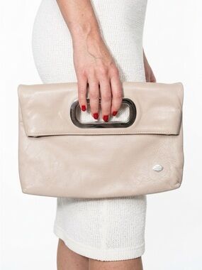 THE TREND Taupe Leather Foldover Clutch Bag With Handle Women's